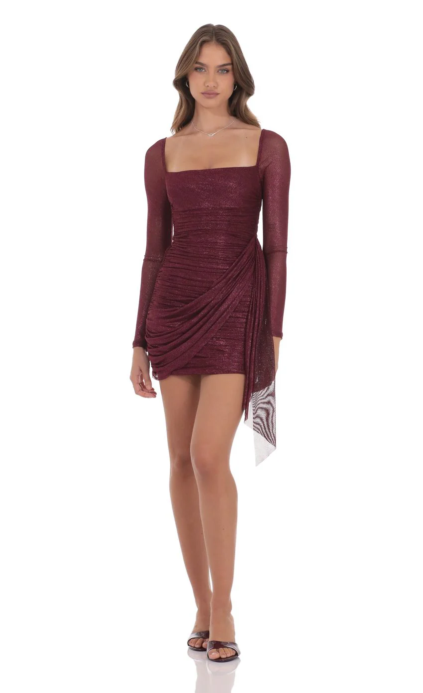Foil Mesh Long Sleeve Tassel Dress in Burgundy - luluinthesky
