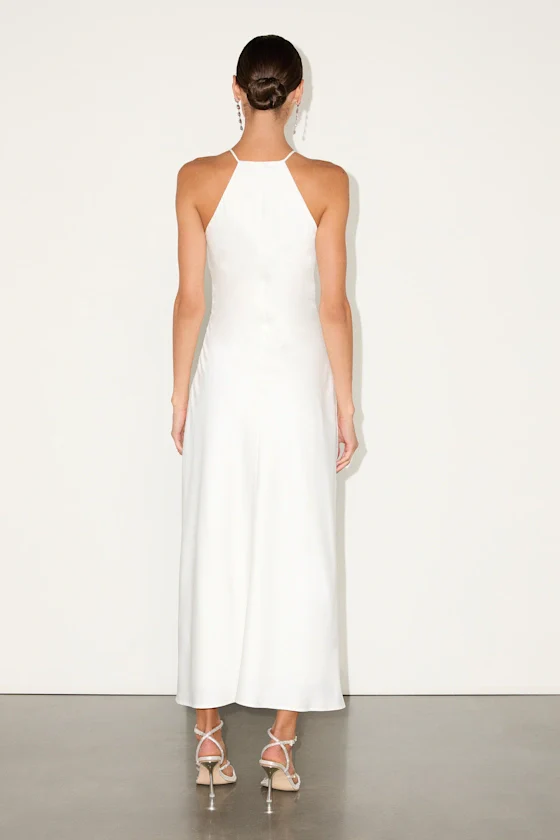 Elynne White Satin Cowl Neck Midi Dress - luluinthesky