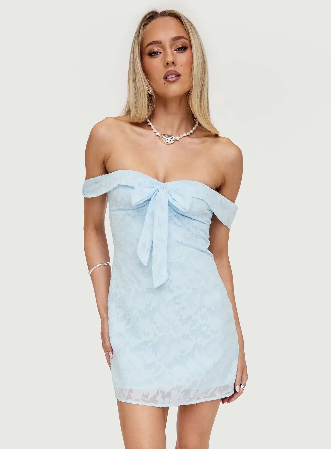 Christiana Off Shoulder Mini Dress Light Blue Burnout - luluinthesky