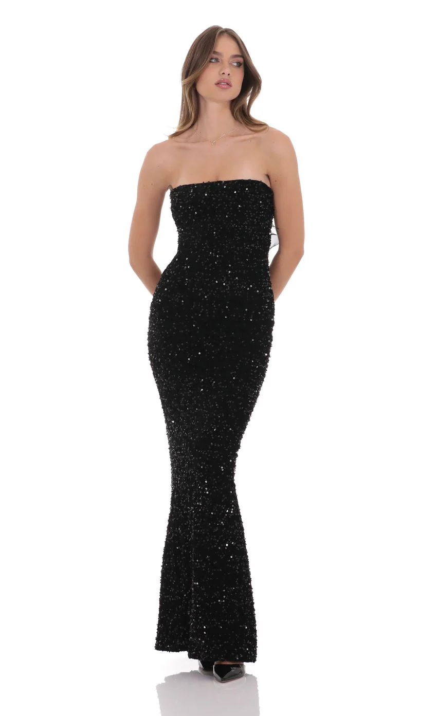 Velvet Sequin Strapless Maxi Dress in Black - luluinthesky