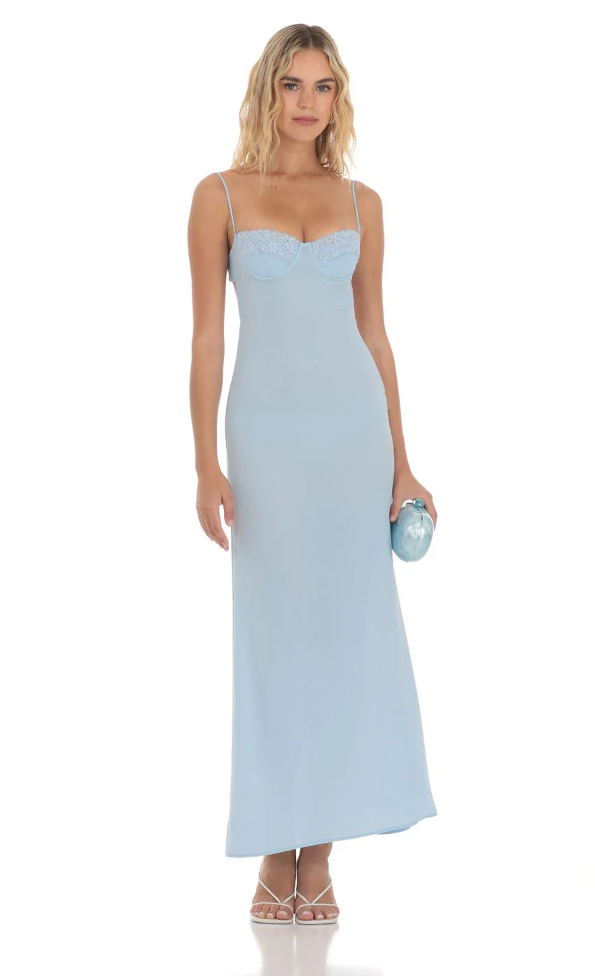 Lace Trim Maxi Dress in Light Blue - luluinthesky