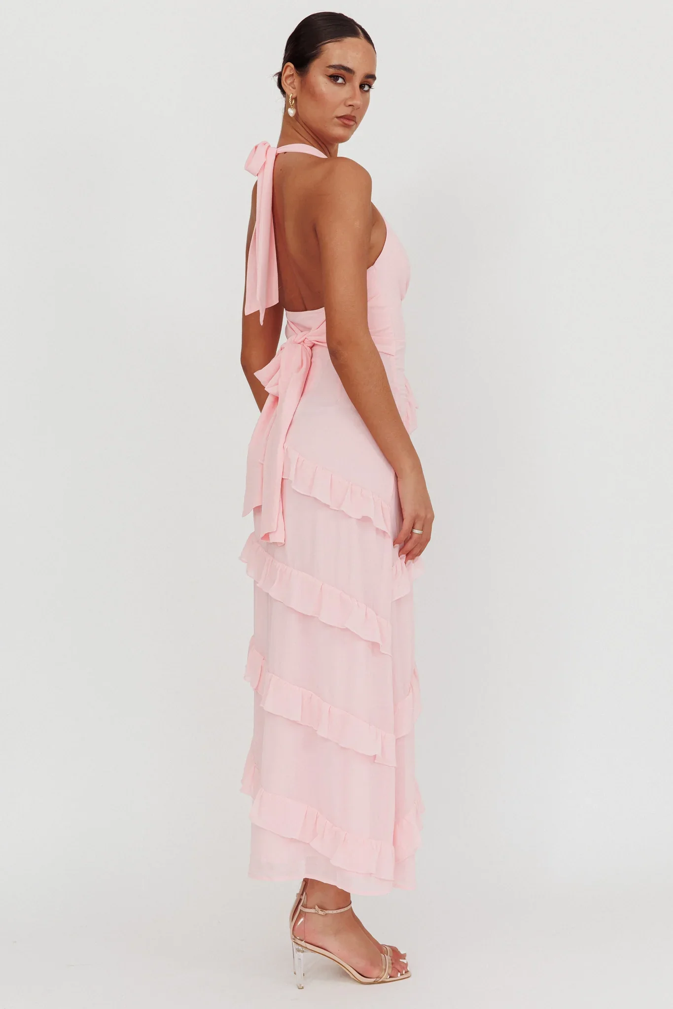 Flirt Frill Trim Halter Maxi Dress Blush - luluinthesky