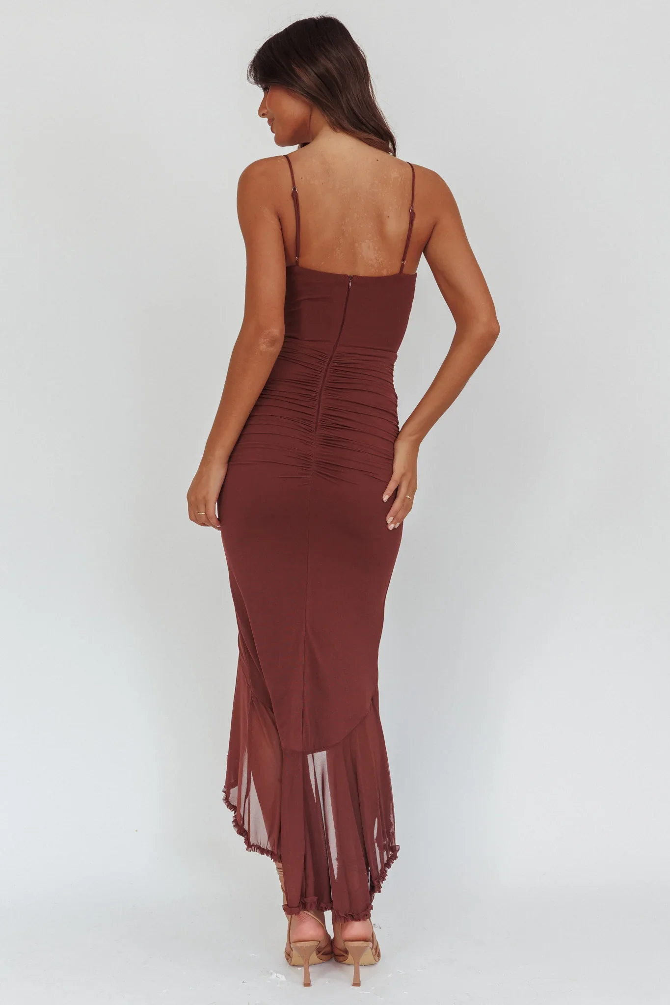 Kamilah Gathered Cascading Ruffle Midi Dress Maroon - luluinthesky