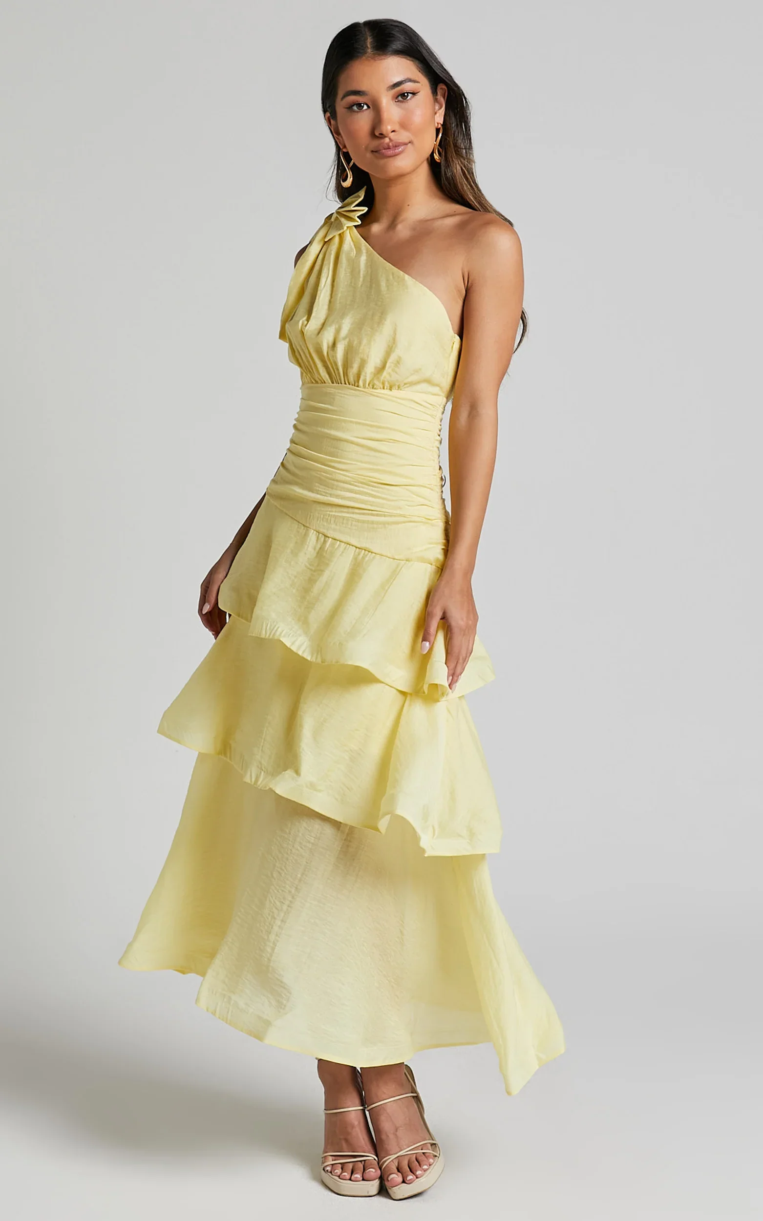 Eugenia Midi Dress One Shoulder Fit and Flare Layered Dress in Yellow - luluinthesky