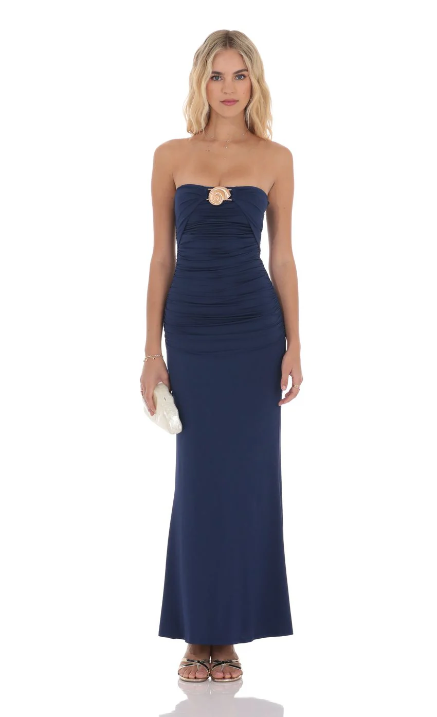 Seashell Ruched Bodycon Maxi Dress in Navy - luluinthesky