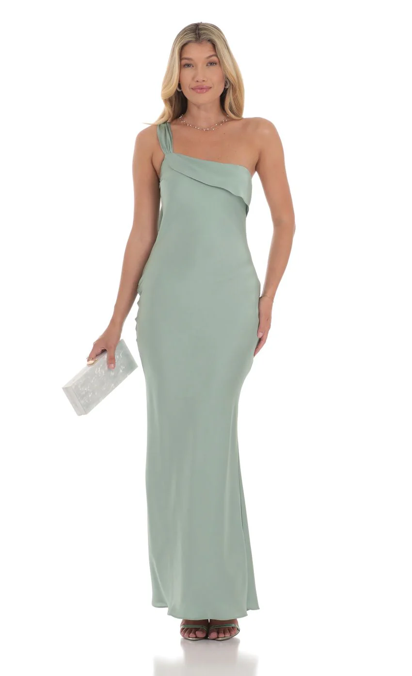 Satin One Shoulder Tassel Maxi Dress in Sage - luluinthesky