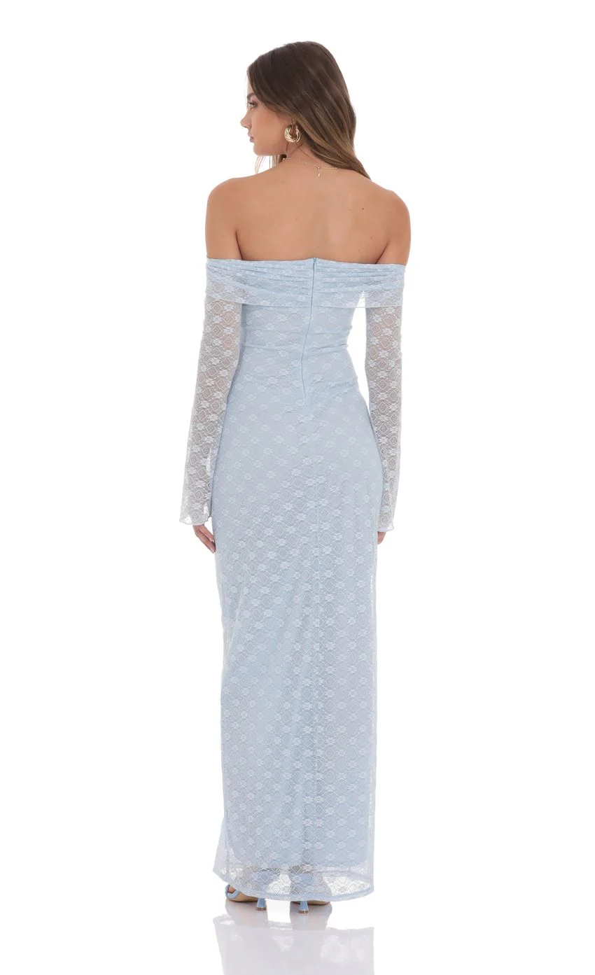 Lace Off Shoulder Maxi Dress in Light Blue - luluinthesky