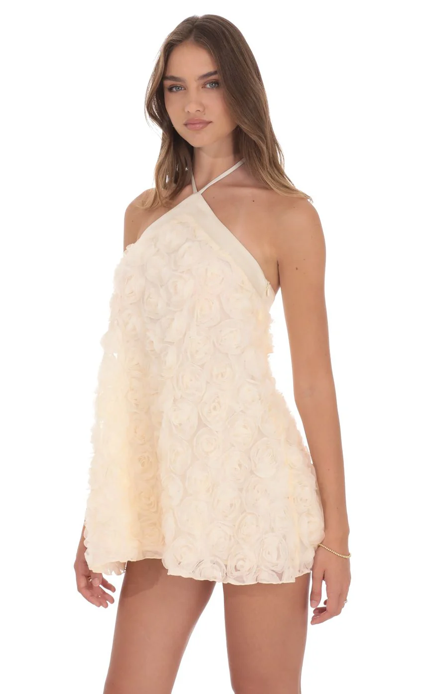 Satin Trim Floral Halter Dress in Ivory - luluinthesky