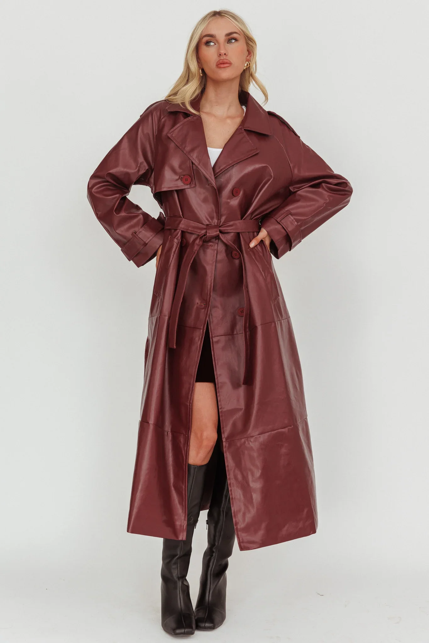 Lyora Longline Faux Leather Trench Coat Burgundy - luluinthesky