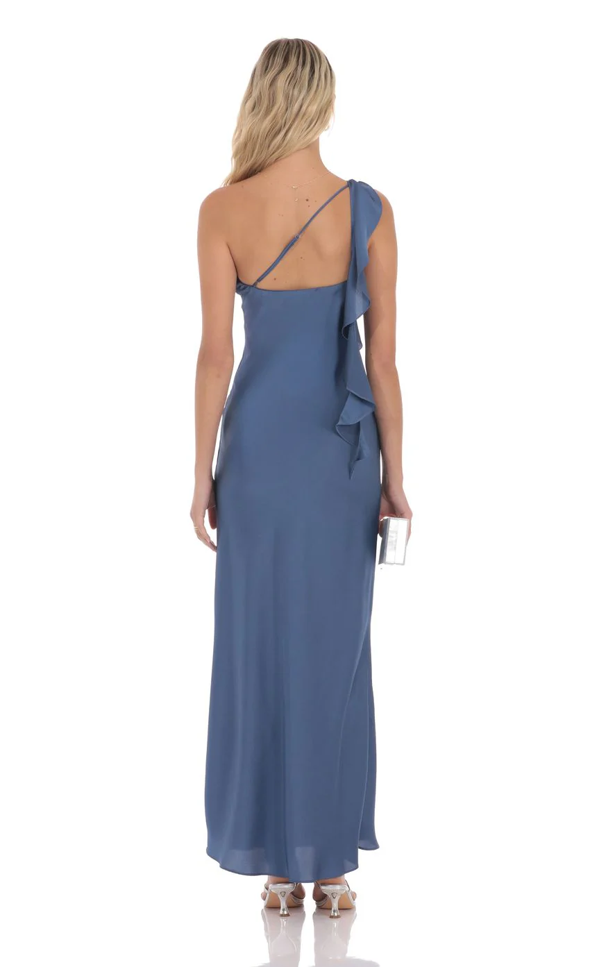 Satin One Shoulder Tassel Maxi Dress in Denim Blue - luluinthesky