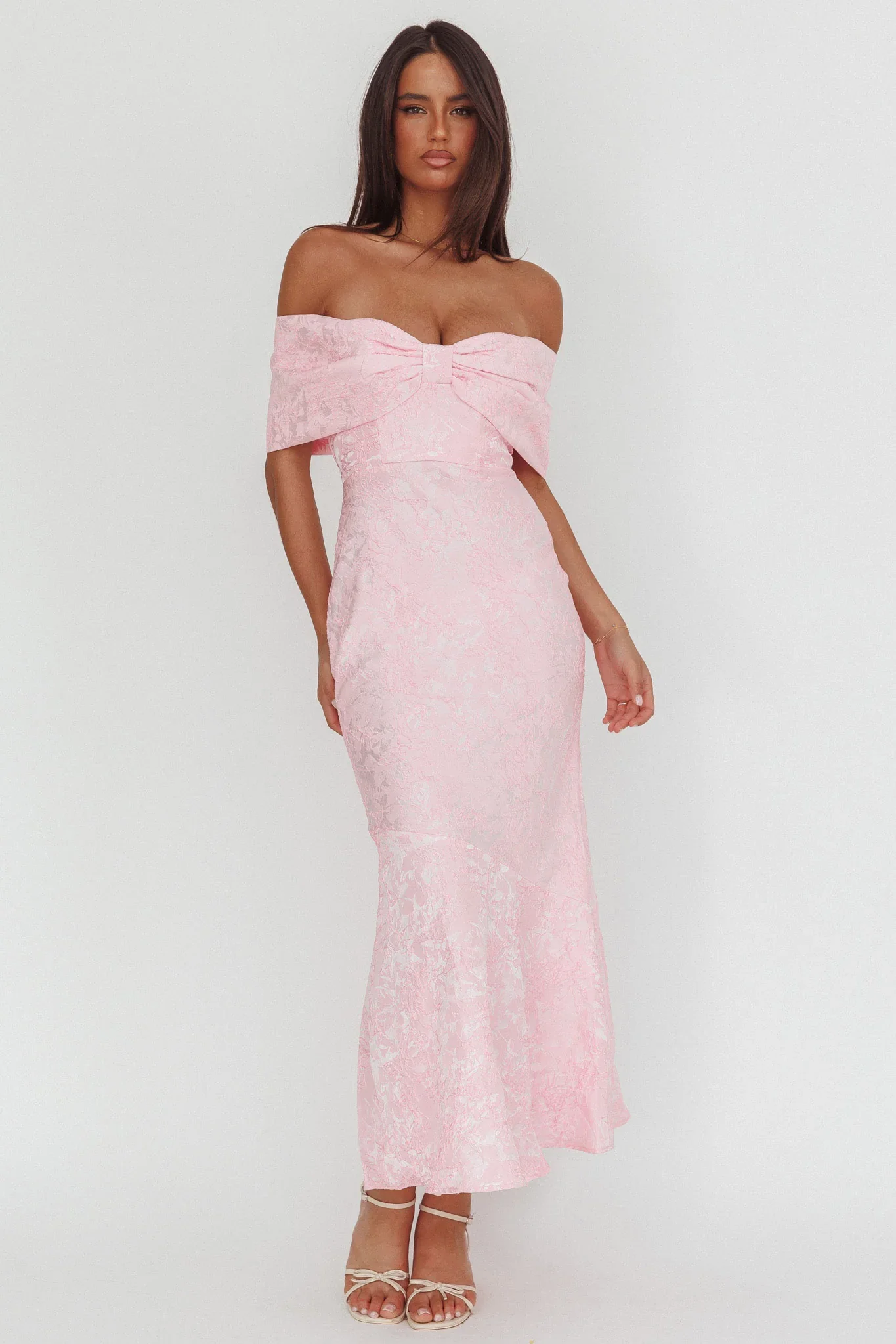 Fairytales Off-Shoulder Jacquard Maxi Dress Pink - luluinthesky