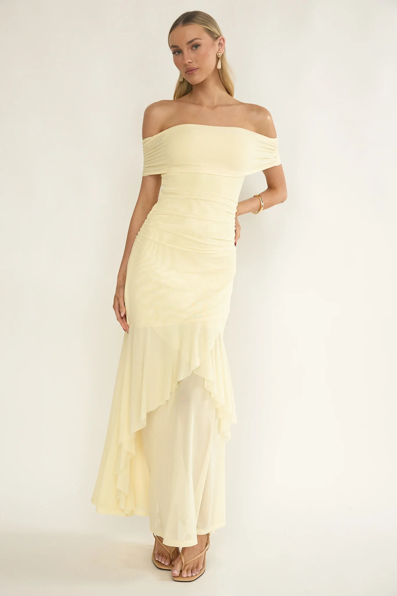 Kiarna Off-Shoulder Mesh Maxi Dress Butter - luluinthesky