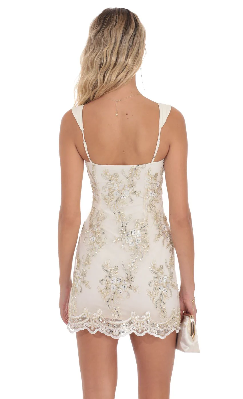 Gold Thread Floral Sequin Dress in Ivory - luluinthesky