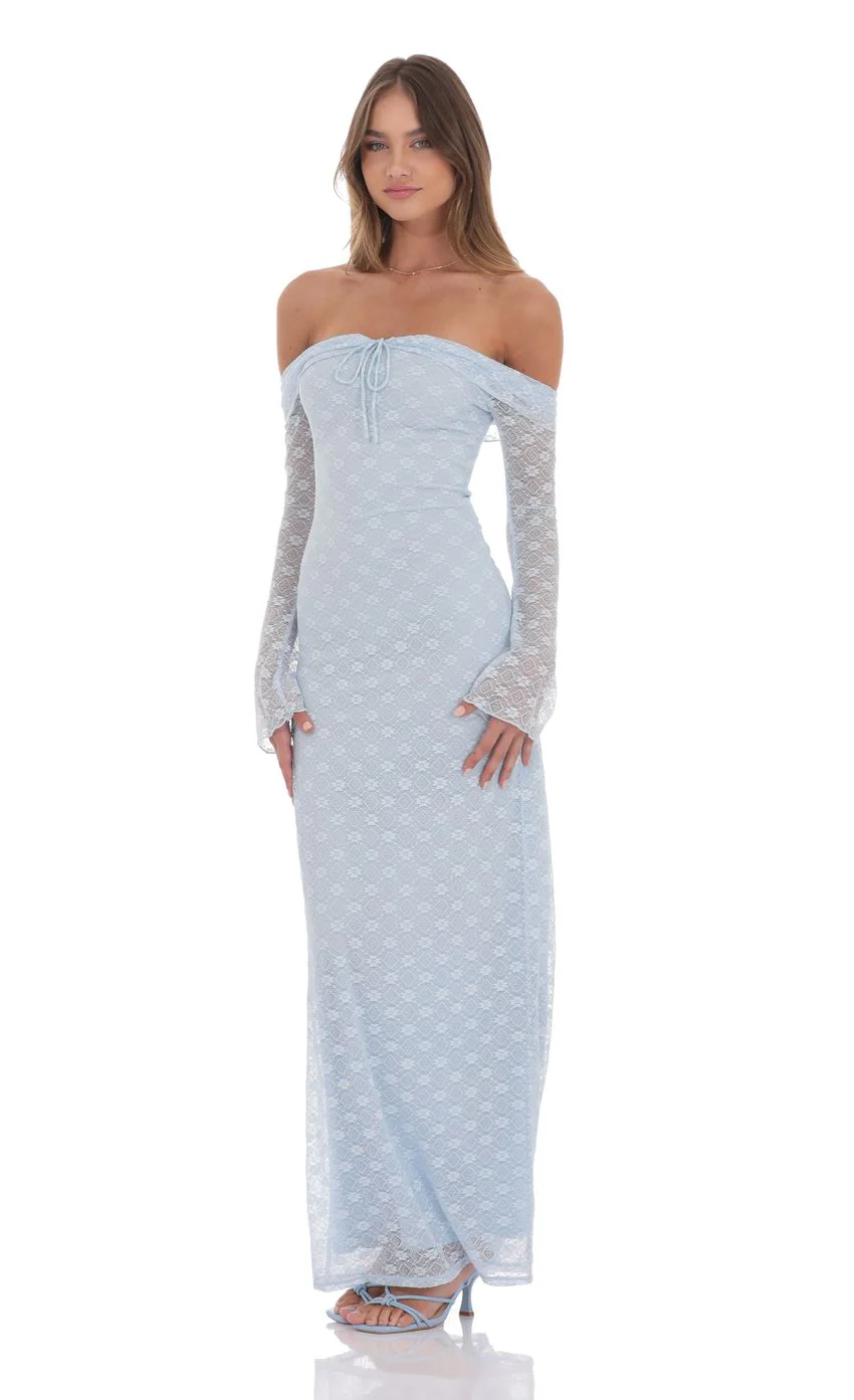 Lace Off Shoulder Maxi Dress in Light Blue - luluinthesky