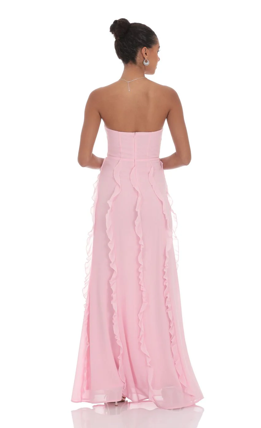 Chiffon Rosette Ruffle Maxi Dress in Pink - luluinthesky