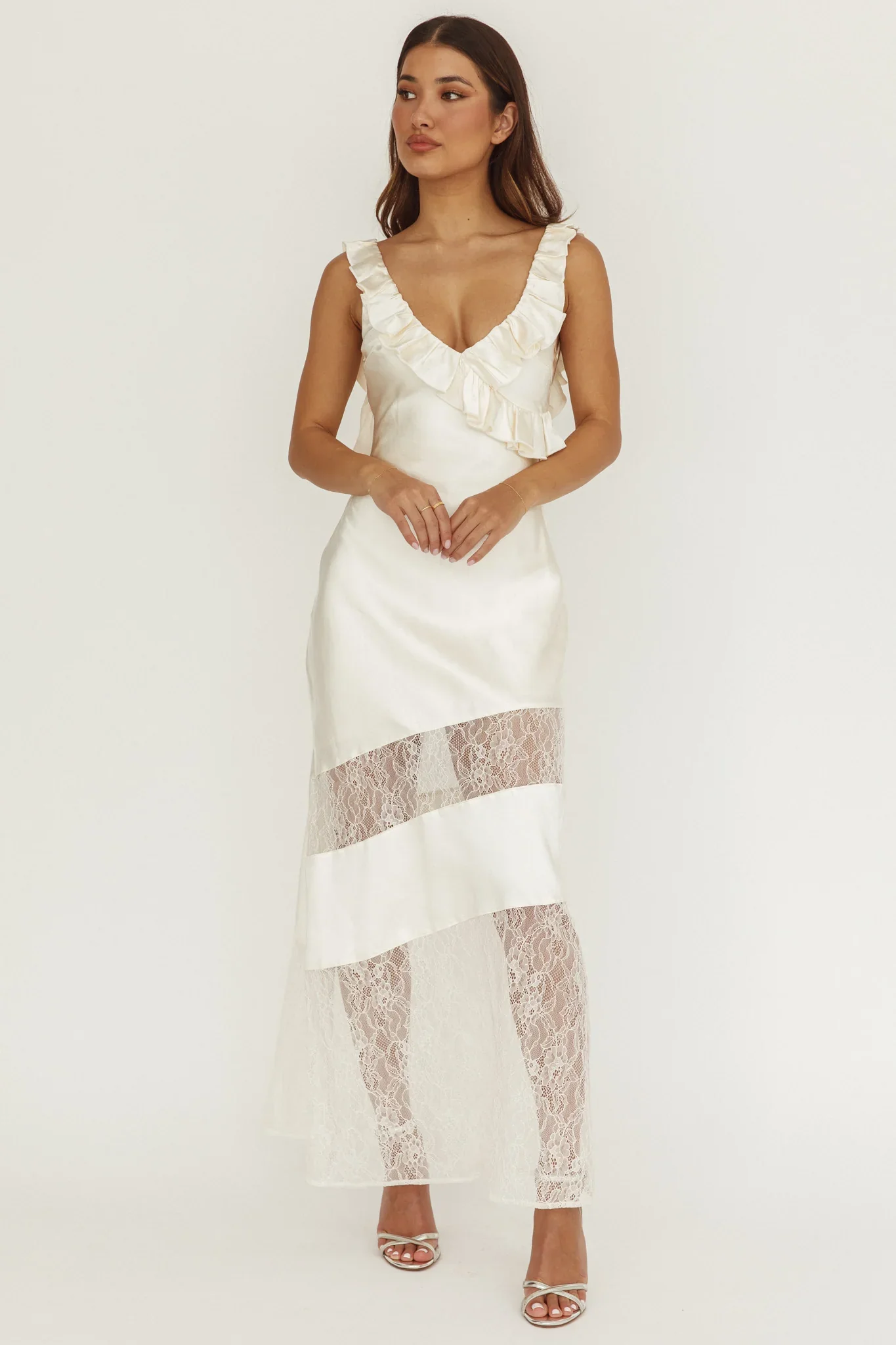 Alba Frill & Lace Trim Maxi Dress Oyster - luluinthesky