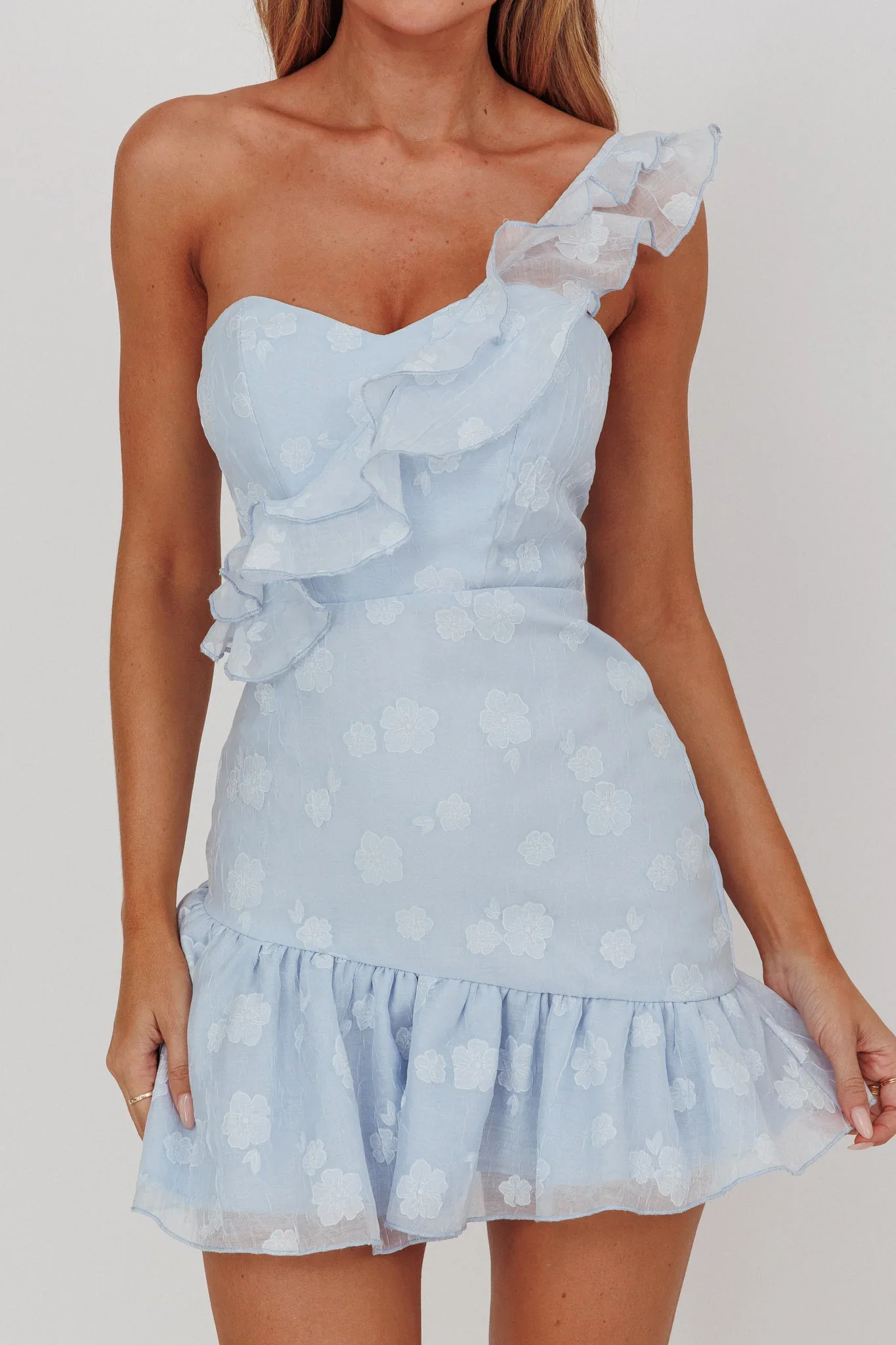 Minka One-Shoulder Ruffle Mini Dress Blue - luluinthesky