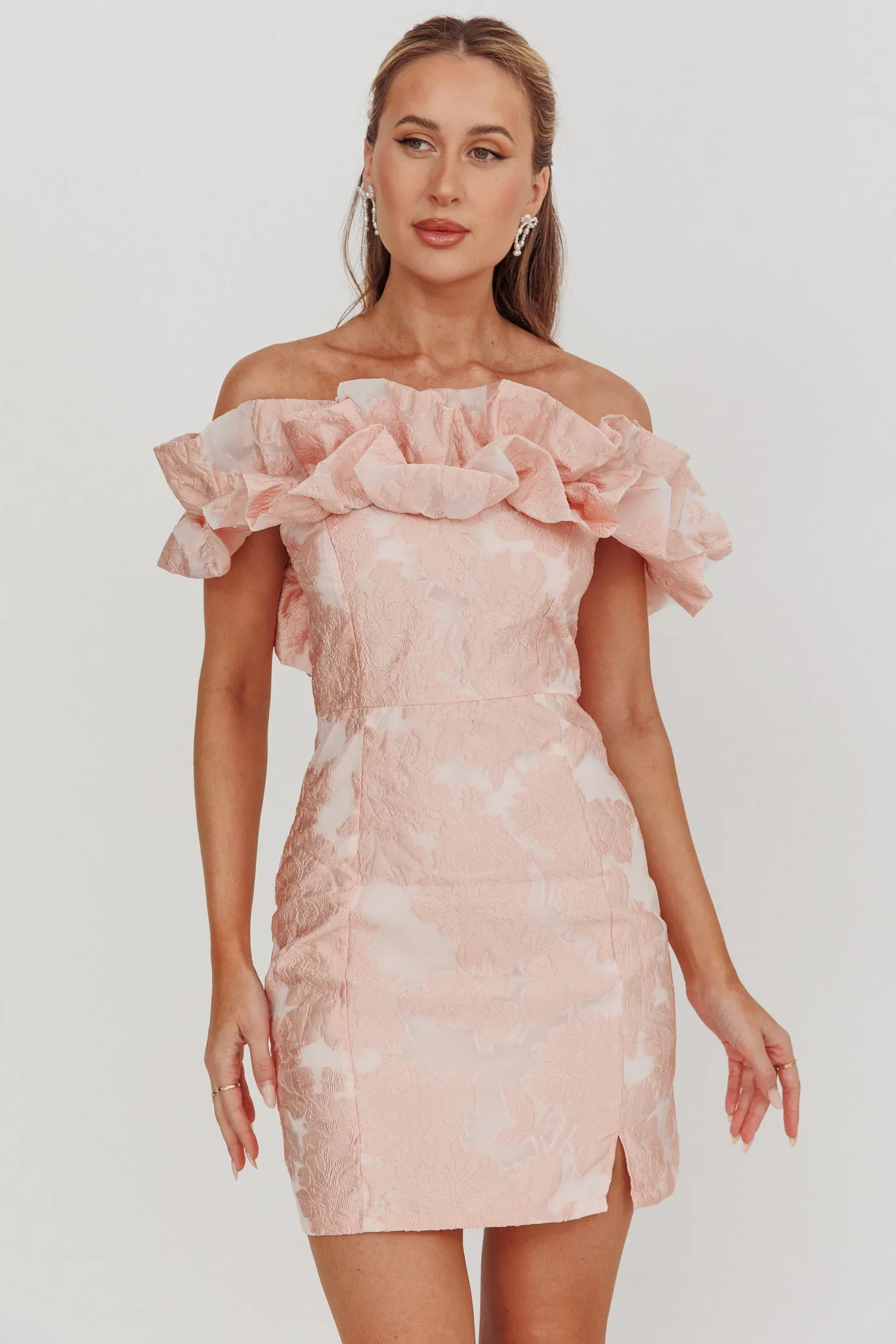 Memoire Off-Shoulder Jacquard Mini Dress Blush - luluinthesky