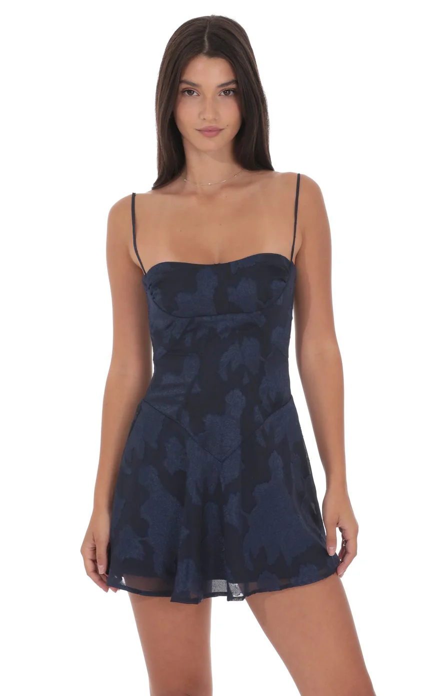 Textured Floral A-line Dress in Navy - luluinthesky
