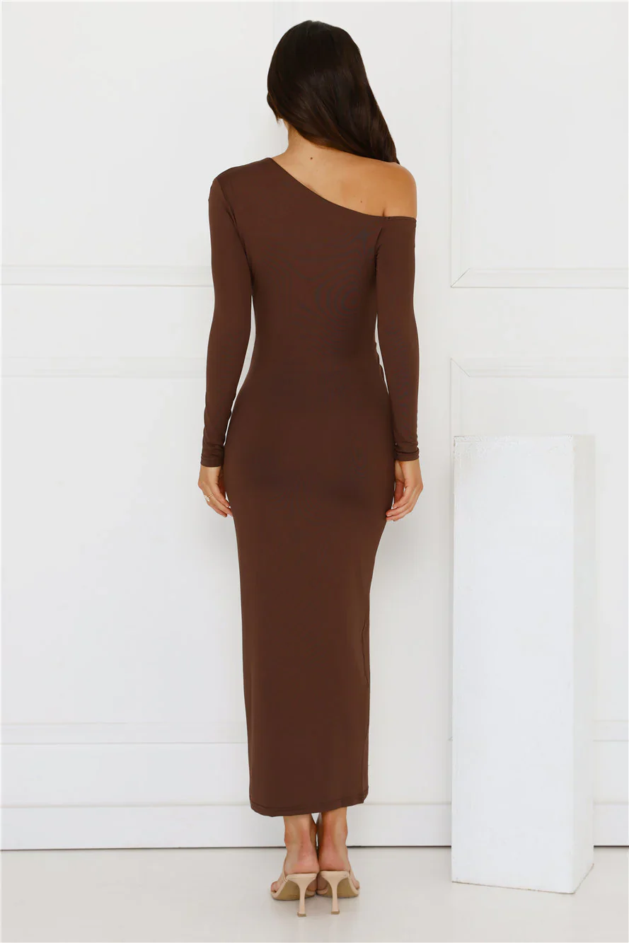 Looks That Talk Off Shoulder Maxi Dress Brown - luluinthesky