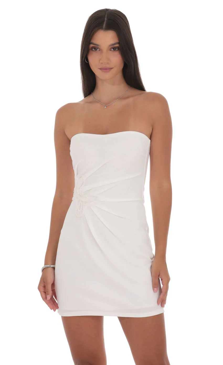 Pearl Butterfly Strapless Dress in White - luluinthesky