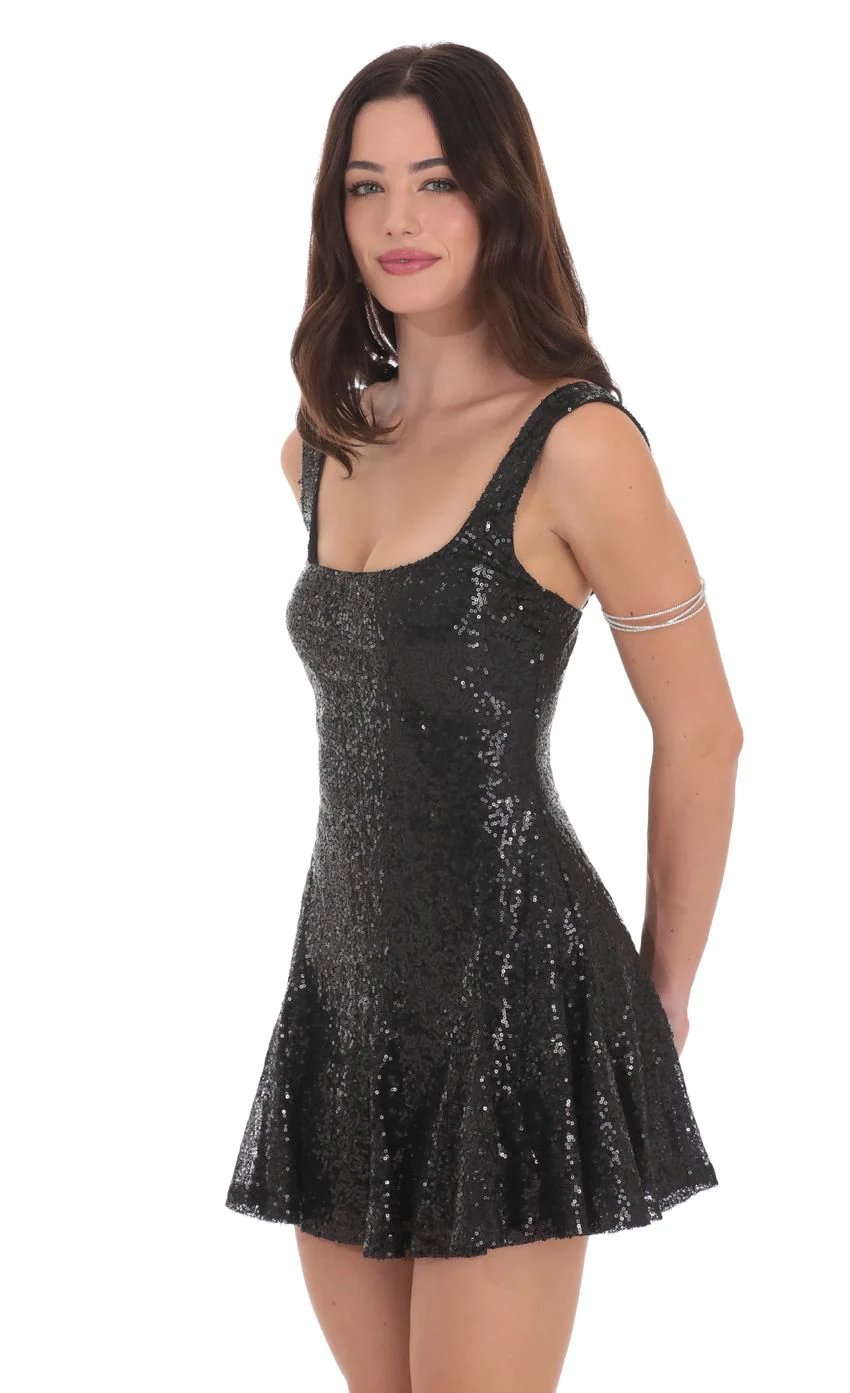 Sequin Skater Dress in Black - luluinthesky