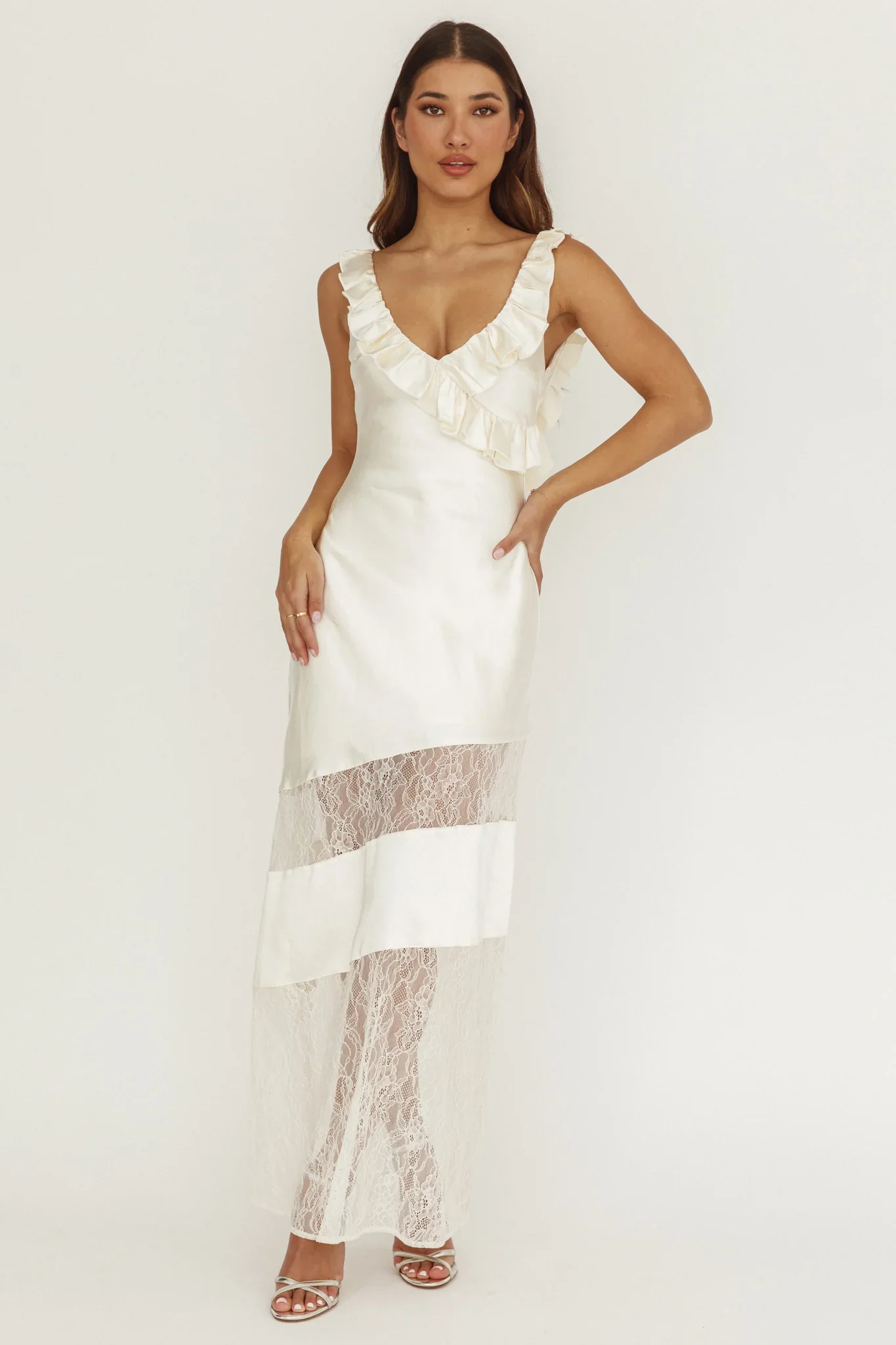 Alba Frill & Lace Trim Maxi Dress Oyster - luluinthesky