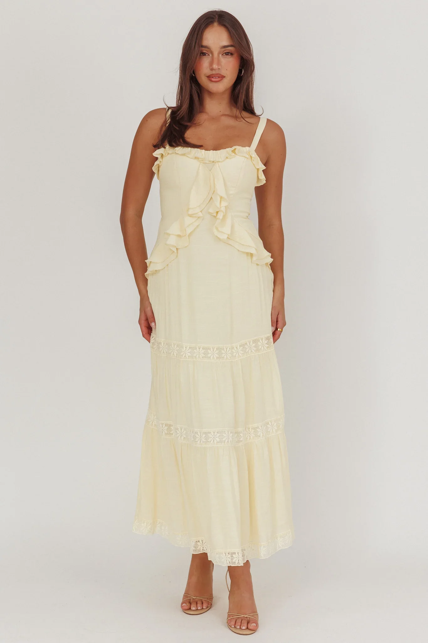 Vienna Sky Frill And Crochet Trim Maxi Dress Cream - luluinthesky