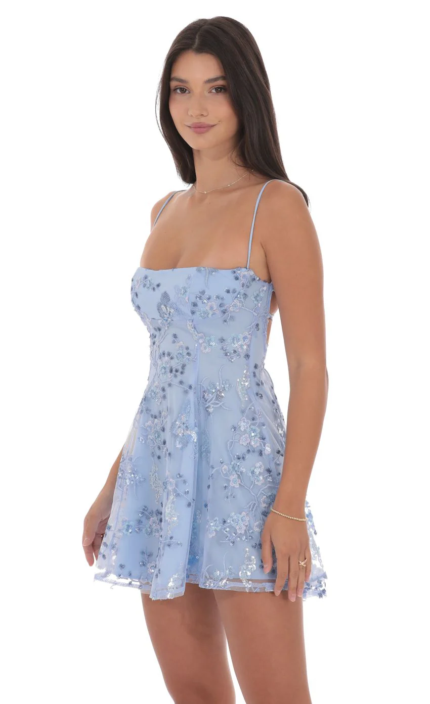 Floral Sequin Fit and Flare Dress in Light Blue - luluinthesky