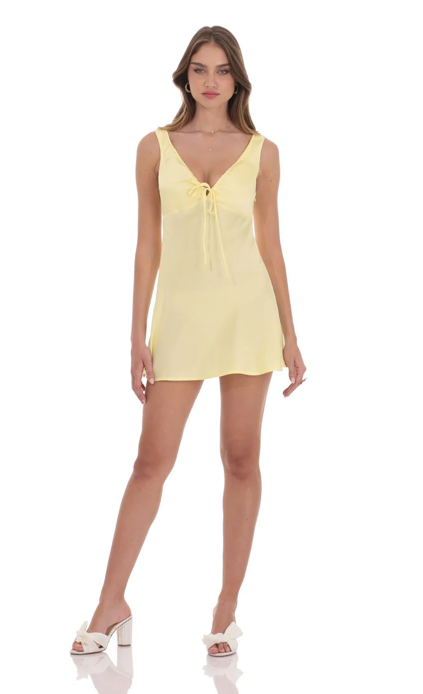 Satin V-Neck Dress in Yellow - luluinthesky