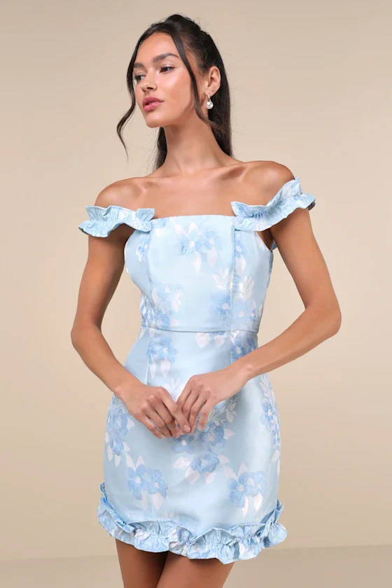Pop the Bottle Light Blue Floral Jacquard Ruffled Mini Dress - luluinthesky