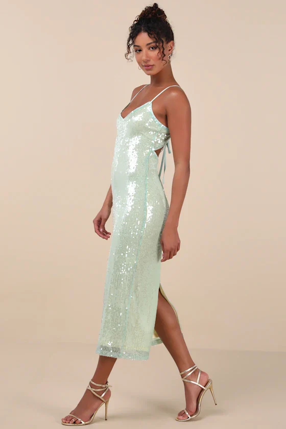 Cahya Mint Green Sequin Tie-Back Midi Dress - luluinthesky