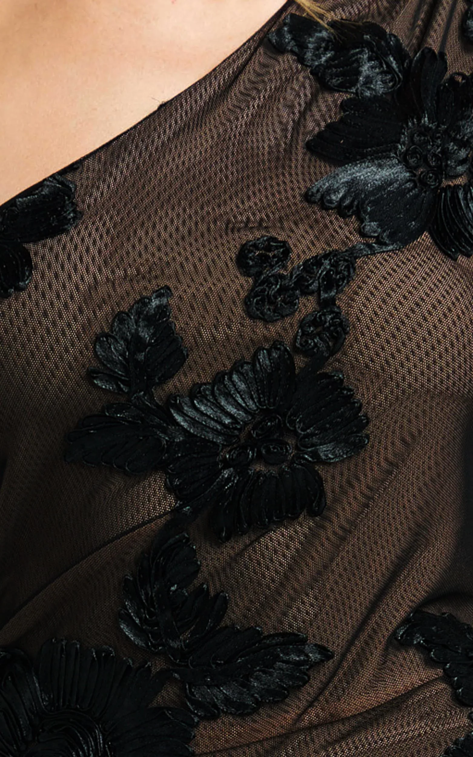 Shelby Maxi Dress One Shoulder Rosette Fitted Applique Dress in Black - luluinthesky