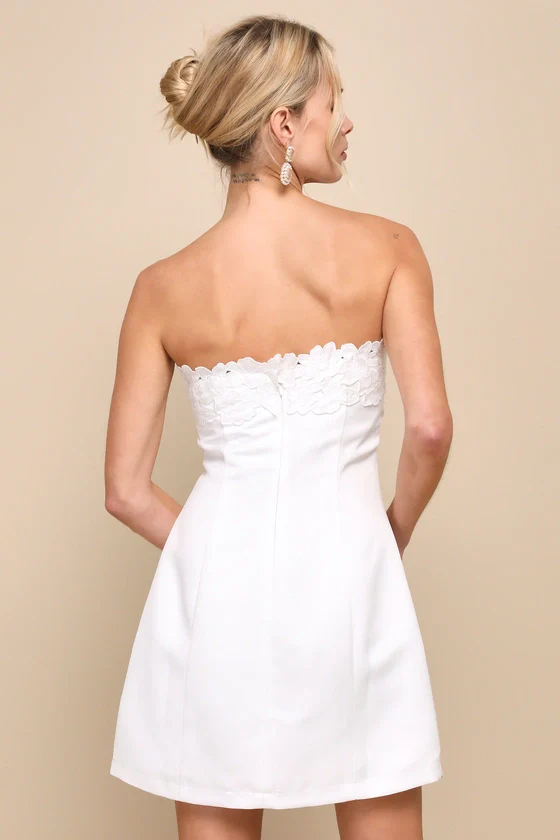 Unforgettable Icon White Satin Strapless Floral Mini Dress - luluinthesky