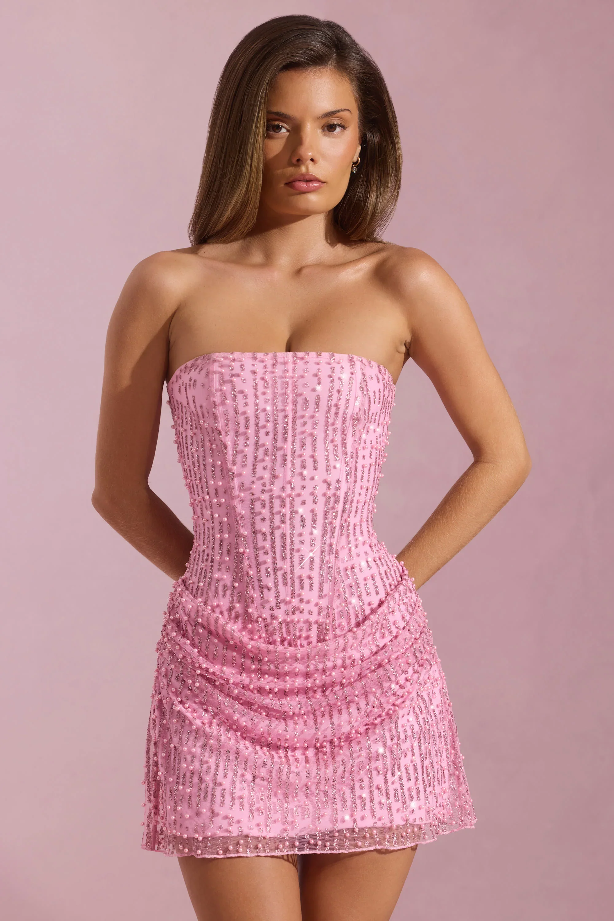 Embellished Draped Strapless A-Line Mini Dress in Pink - luluinthesky
