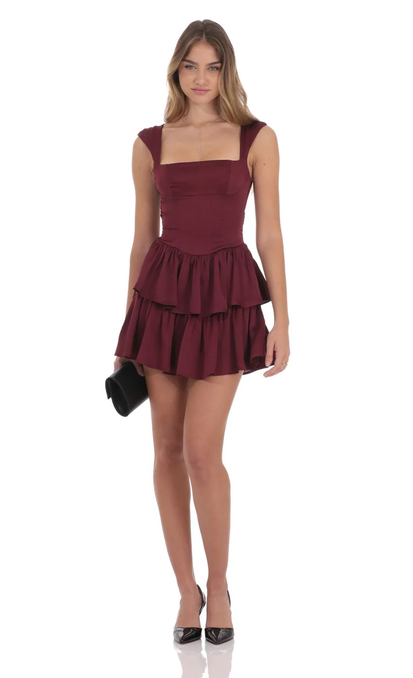 Wide Strap Ruffle Dress in Burgundy - luluinthesky
