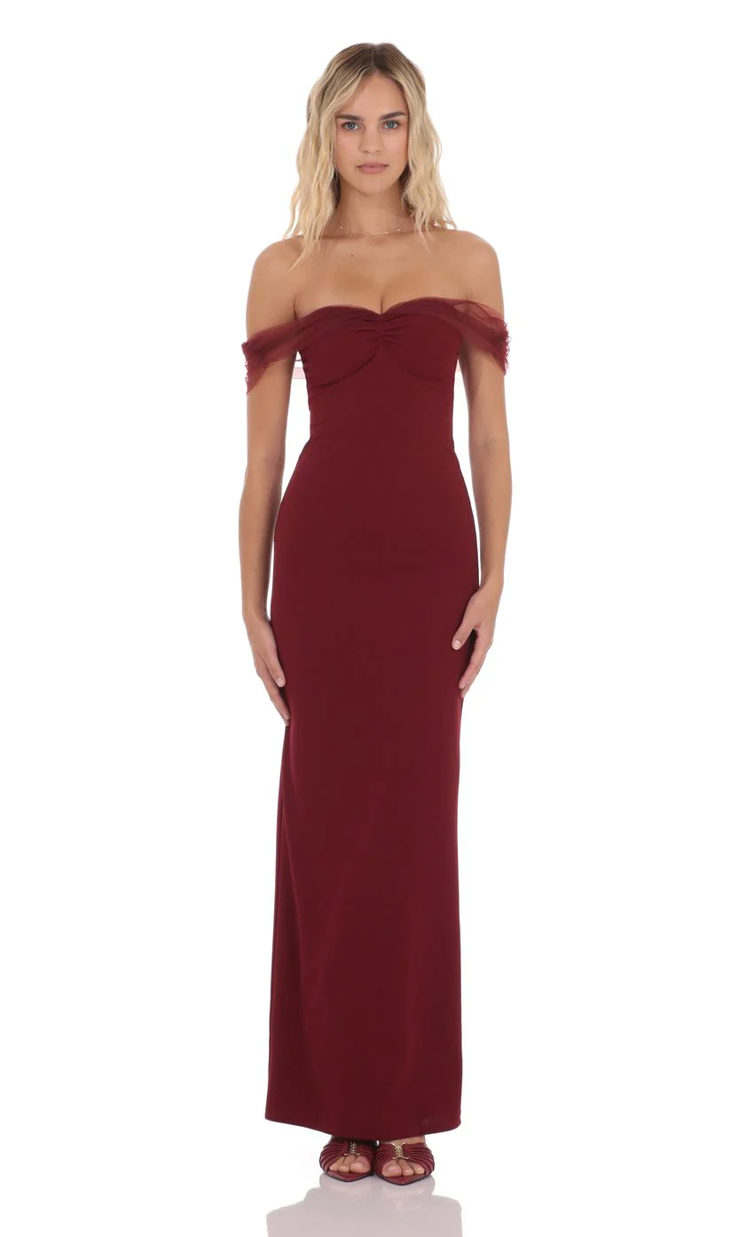 Tulle Off Shoulder Maxi Dress in Maroon - luluinthesky