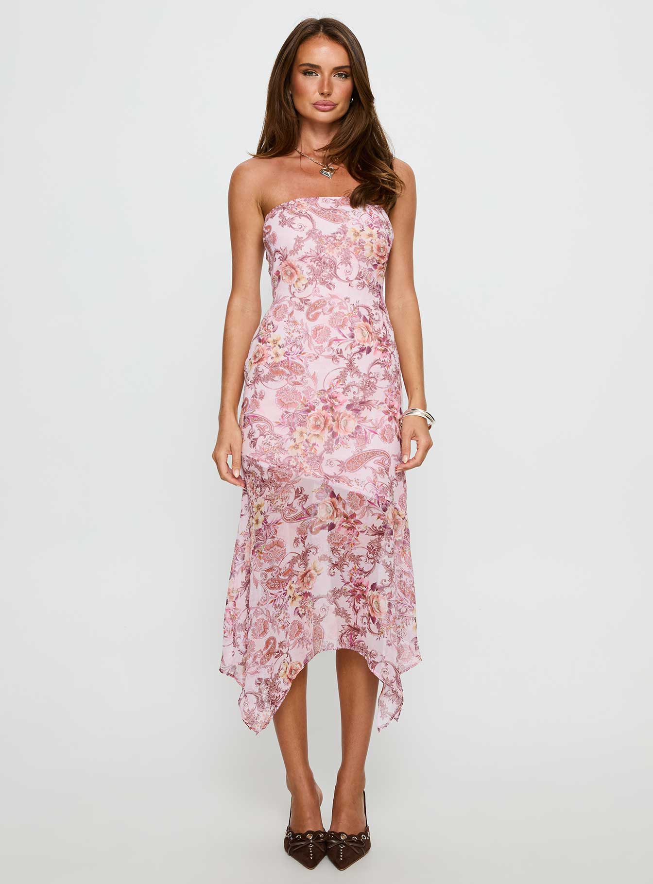 Coralis Strapless Asymmetrical Midi Dress Pink Paisley - luluinthesky