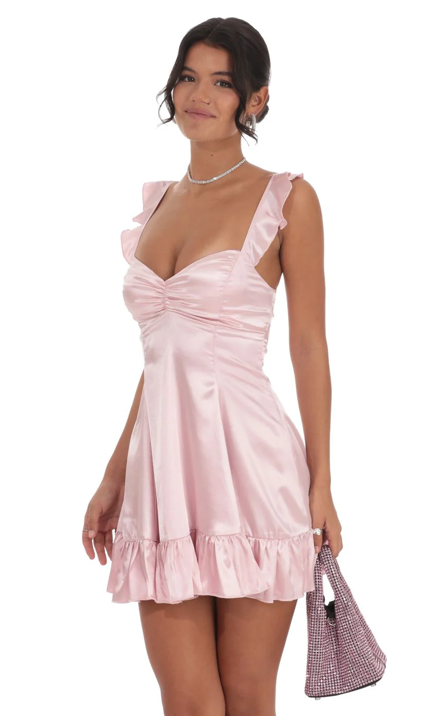 Satin Ruffle Fit and Flare Dress in Pink - luluinthesky