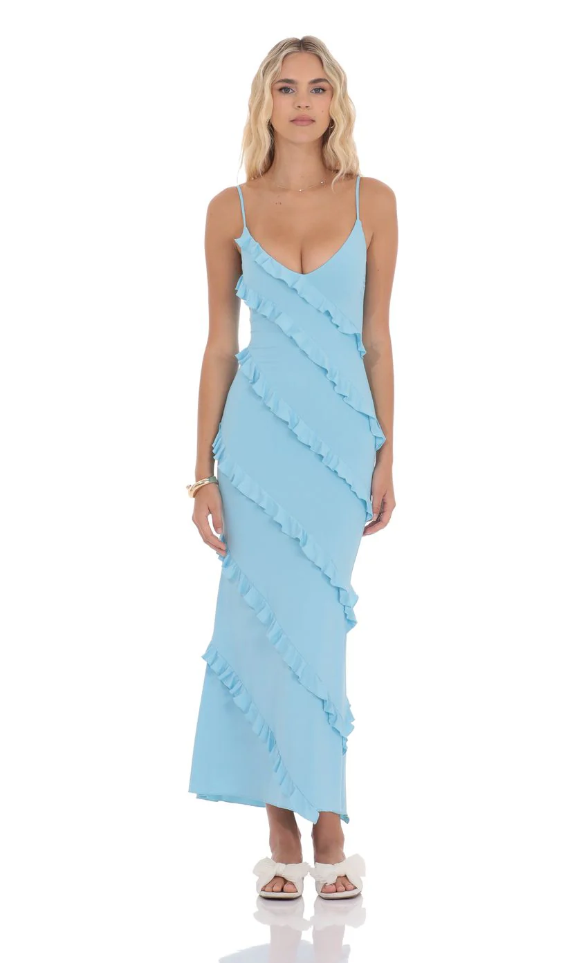 Ruffle V-Neck Maxi Dress in Sky Blue - luluinthesky
