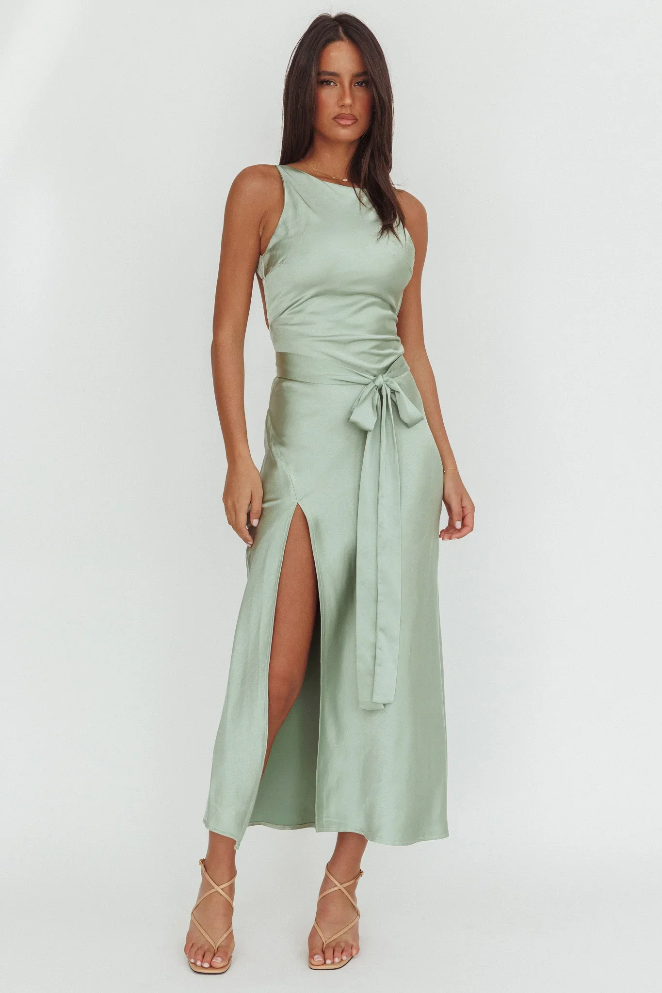 Standing By Backless Waist Tie Maxi Dress Sage - luluinthesky