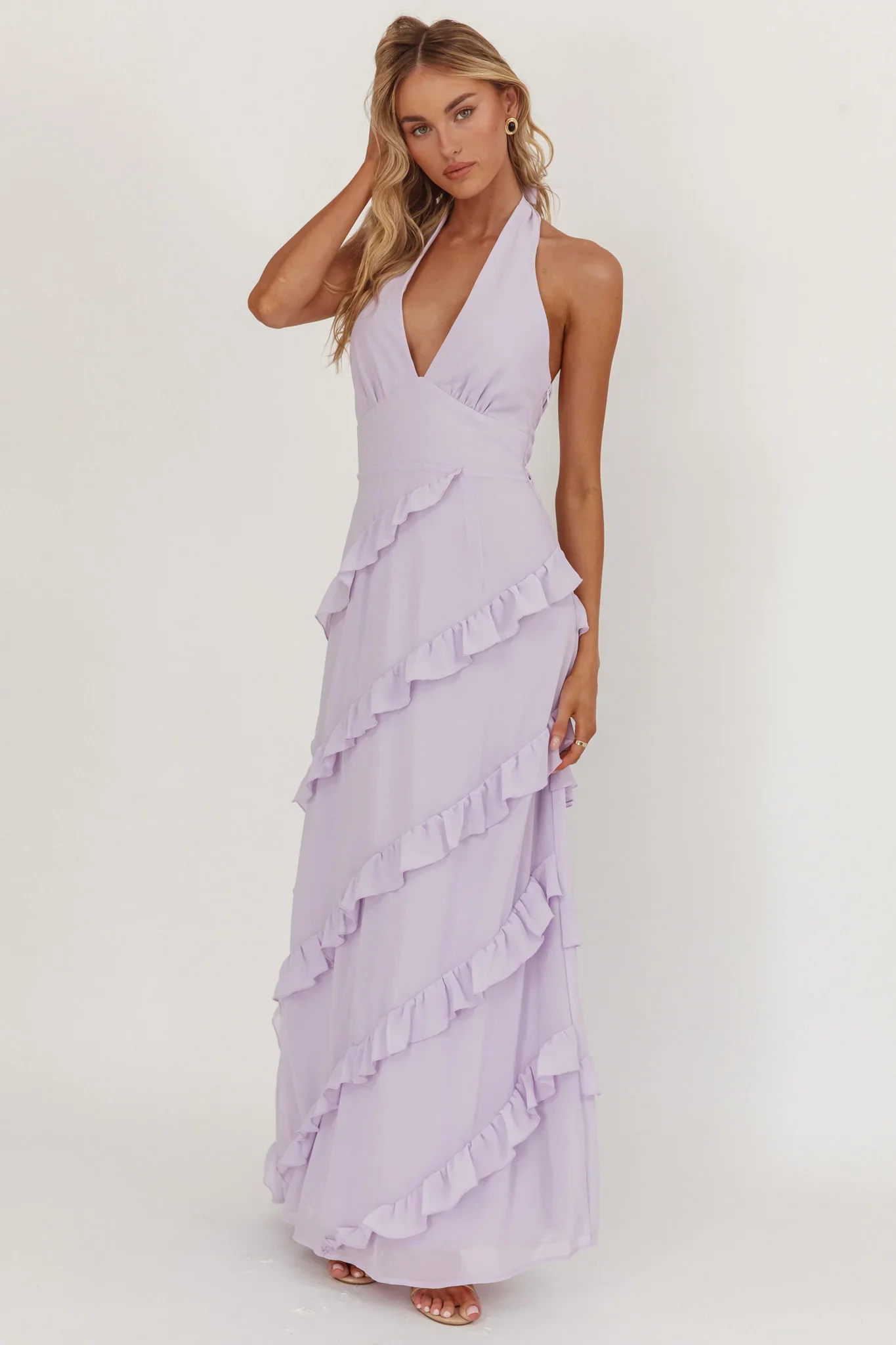 Flirt Frill Trim Halter Maxi Dress Lilac - luluinthesky