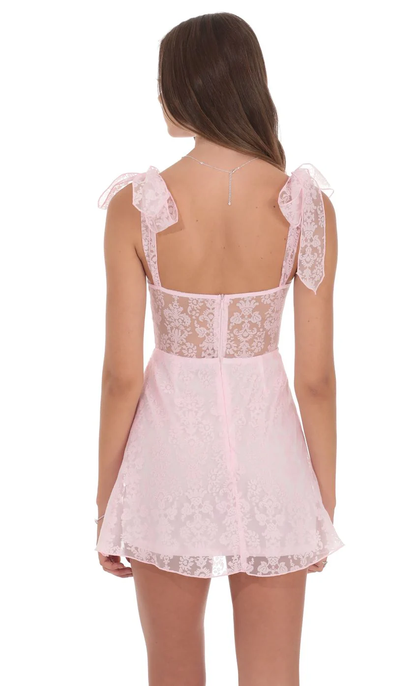 Motif Shoulder Tie A-line Dress in Pink - luluinthesky