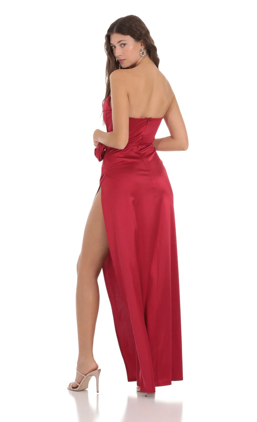 Flower Satin Draped Strapless Maxi Dress in Red - luluinthesky