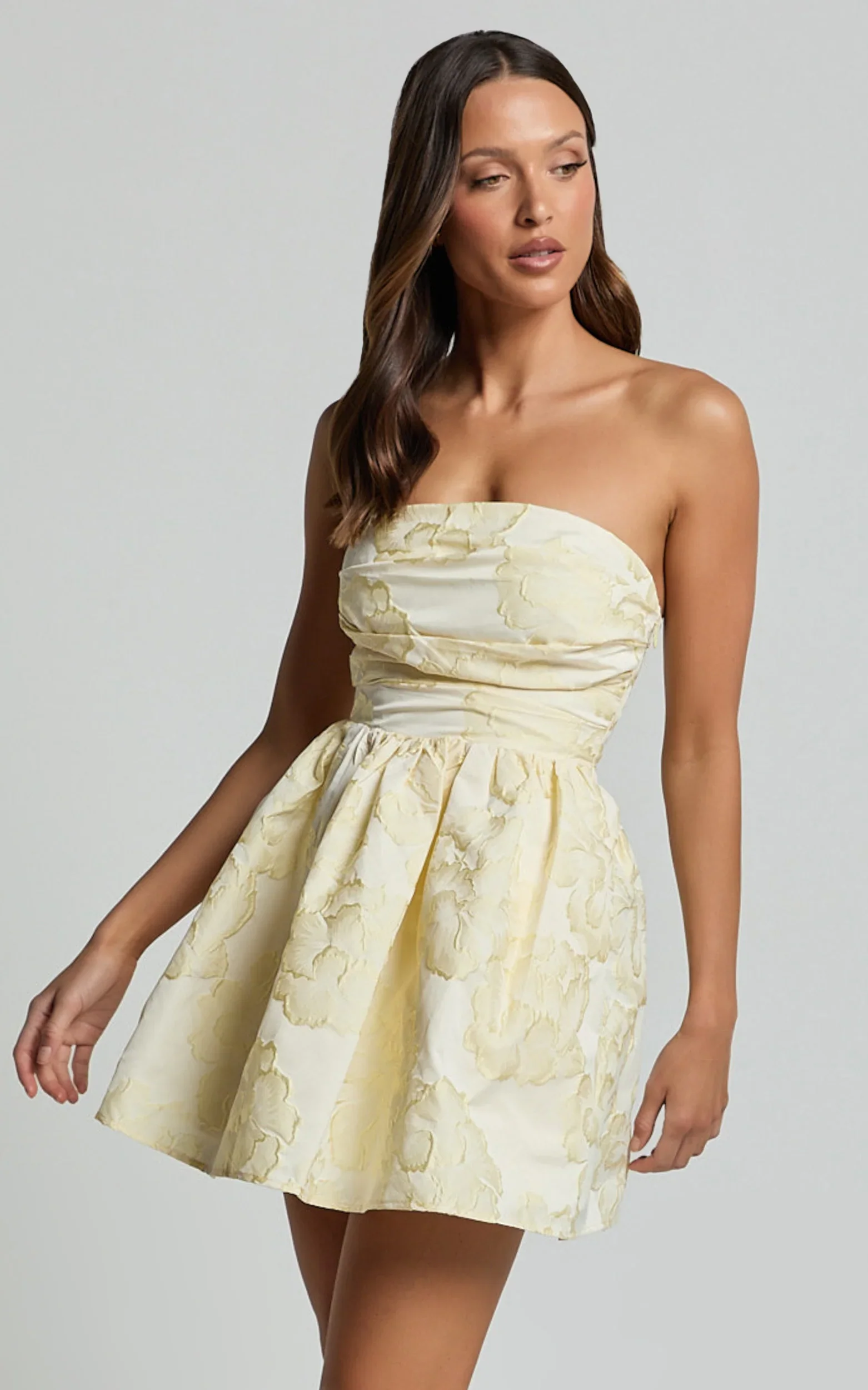 Laure Mini Dress Strapless Jacquard Dress in Lemon - luluinthesky