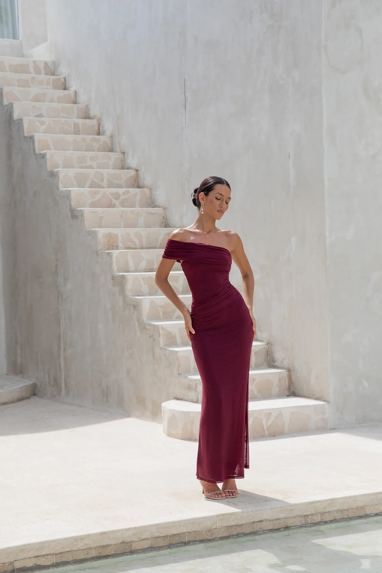 Dahlia One Shoulder Mesh Maxi Dress Maroon - luluinthesky