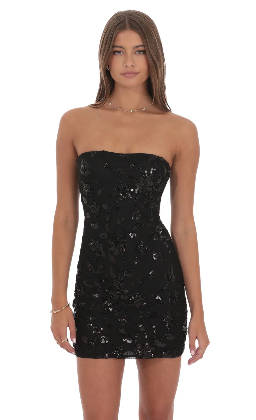 Strapless Sequin Floral Bodycon Dress in Black - luluinthesky