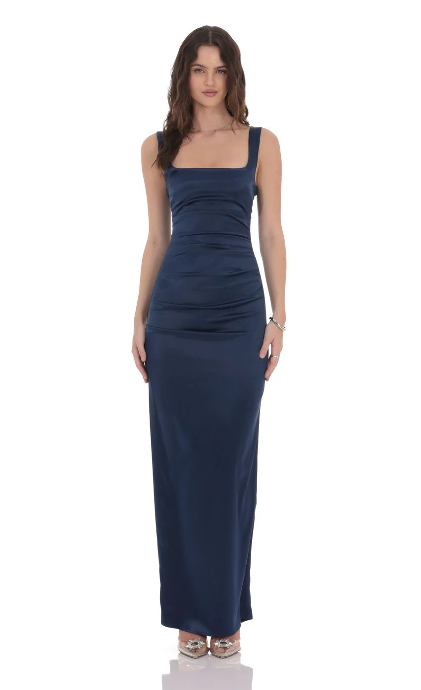 Satin Bodycon Maxi Dress in Navy - luluinthesky