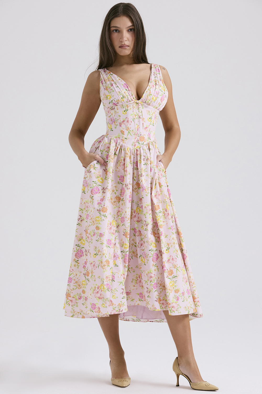 Emmelina Pink Meadow Print Cotton Corset Sundress - luluinthesky