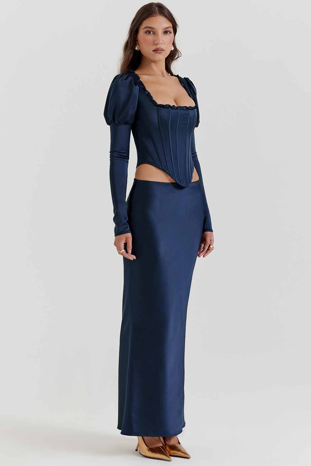 Charlene Navy Satin Bias Cut Maxi Skirt - luluinthesky